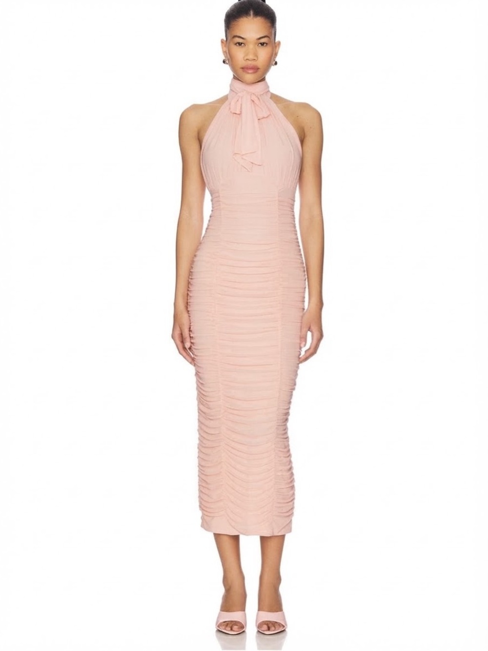 AFRM, Blush Sleeveless Halter Ruched Midi Dress, L
